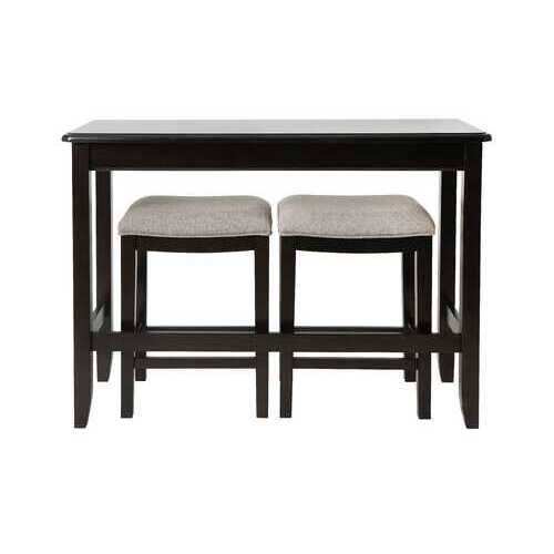 Rectangular Espresso Finish Sofa table with Two Bar Stools