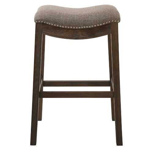 Bar Height Saddle Style Counter Stool with Taupe Fabric and Nail head Trim