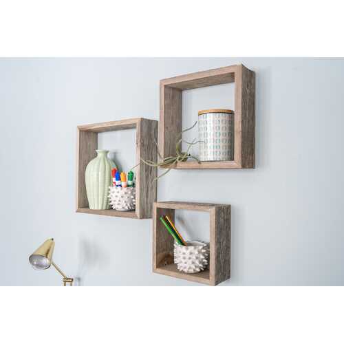 Set of 3 Square Espresso Reclaimed Wood Open Box Shelve