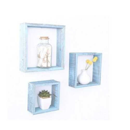 Set of 3 Square Robins Egg Blue Reclaimed Wood Open Box Shelve