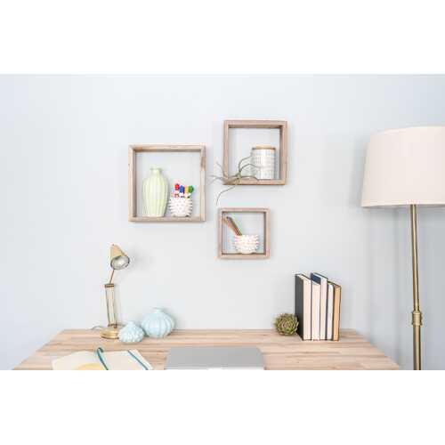 Set of 3 Square Rustic White Wash Wood Open Box Shelve