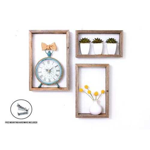Set of 3 Rectangle Rustic Natural Weathered Grey Wood Open Box Shelve