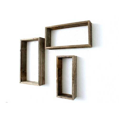 Set of 3 Rectangle Rustic Natural Weathered Grey Wood Open Box Shelve