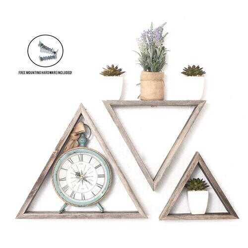 Set of 3 Triangle Rustic Natural Weathered Grey Wood Open Box Shelve