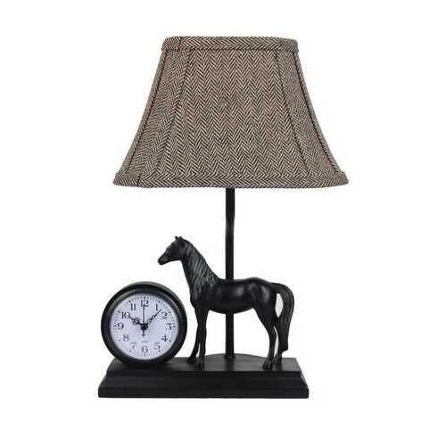 Clock and Horse Accent Lamp with Herringbone Shade