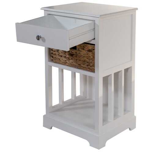 White Wooden Side Table with 1 Lined Basket Weave Drawer and Bottom Shelf