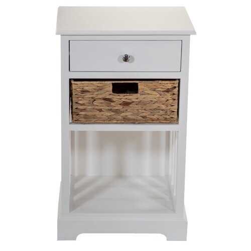 White Wooden Side Table with 1 Lined Basket Weave Drawer and Bottom Shelf