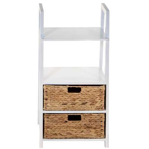 White Wooden Shelving unit   2 Shelves with 2 Basket Weave Drawers