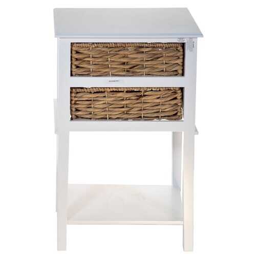 White Wooden Side Table with 2  Basket Weave Drawers and Bottom Shelf