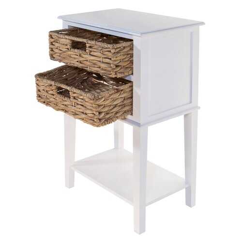 White Wooden Side Table with 2  Basket Weave Drawers and Bottom Shelf