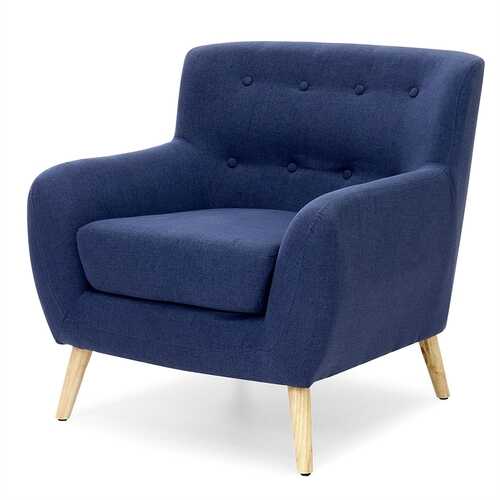 Dark Blue Linen Upholstered Armchair with Modern Mid-Century Style Wood Legs