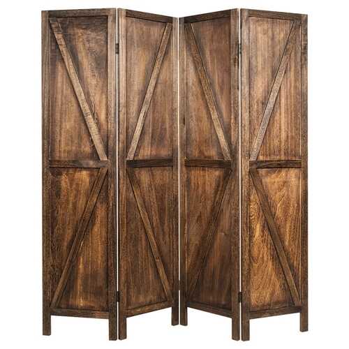4 Panels Folding Wooden Room Divider-Brown - Color: Brown