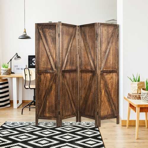4 Panels Folding Wooden Room Divider-Brown - Color: Brown