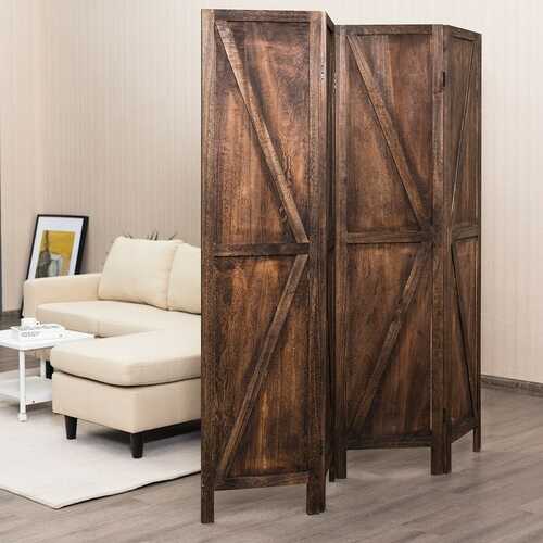 4 Panels Folding Wooden Room Divider-Brown - Color: Brown