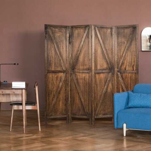 4 Panels Folding Wooden Room Divider-Brown - Color: Brown