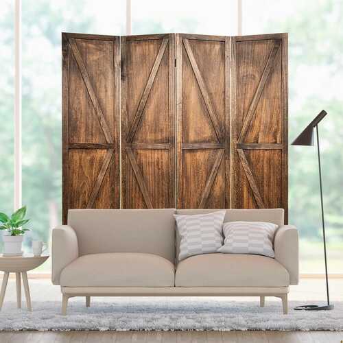 4 Panels Folding Wooden Room Divider-Brown - Color: Brown