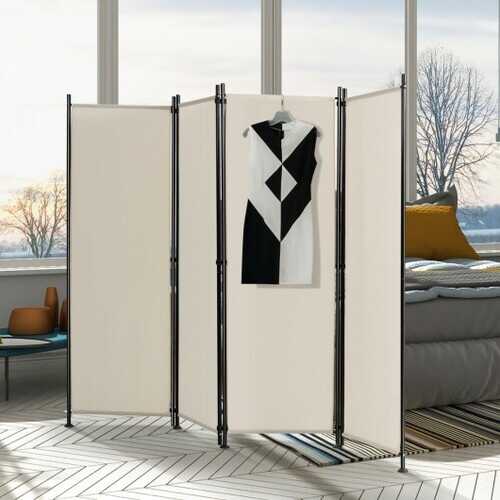 4-Panel Room Divider Folding Privacy Screen-Beige - Color: Beige